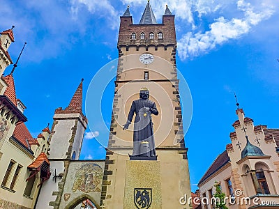 Vysoke Myto- Czech- 25 April 2024: Prague Gate,an old sprinkled entrance to city Stock Photo