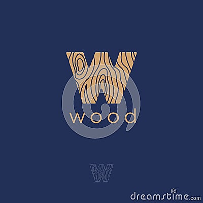 W flat logo. W wood emblem. Letter W with a wooden texture. Vector Illustration