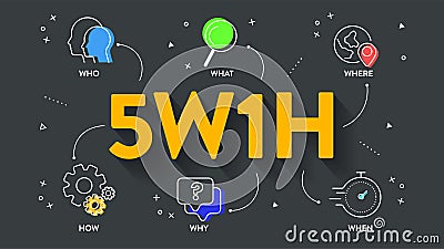 5w1h analysis diagram vector is cause and effect flowcharts, it helps to find effective solutions for problems or for structuring Vector Illustration