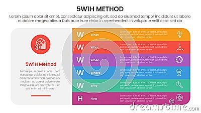 5W1H analysis infographic with big block shape and round rectangle stack with 6 step points for slide presentation Stock Photo
