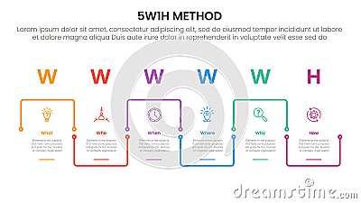 5W1H analysis infographic with outline square up and down linked cycle with 6 step points for slide presentation Stock Photo