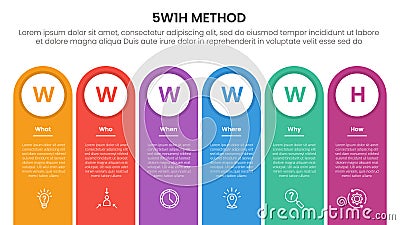 5W1H analysis infographic with round rectangle shape as container with 6 step points for slide presentation Stock Photo