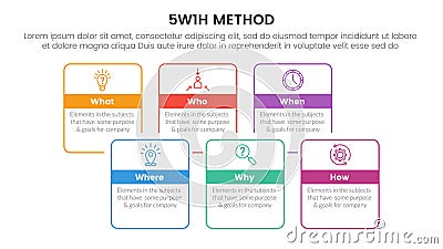 5W1H problem solving method infographic 6 point stage template with outline box with badge header for slide presentation Vector Illustration