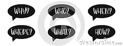 5W1H questions set. Why, who, where, when, what, how speech text bubbles isolated on white background. Information, idea Vector Illustration