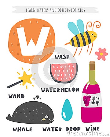 W letter objects and animals including wasp, whale, wand, watermelon, wine, water drop. Vector Illustration