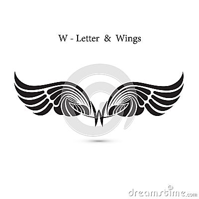 W-letter sign and angel wings.Monogram wing logo mockup.Classic Vector Illustration