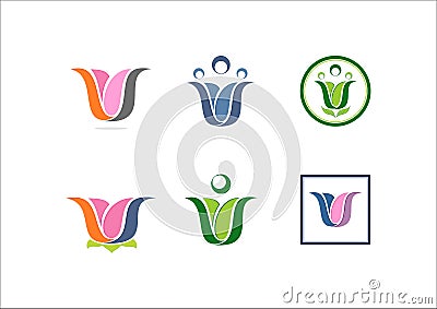 W logo flower lotus yoga network social team partner logo icon Vector Illustration