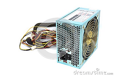 500W Power supply unit with cable and switch I O, green color for full ATX Tower case PC have big fan for cool ioslated on white Stock Photo