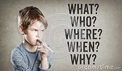 5W questions, what, who, where, when, why, Boy on grunge background Stock Photo