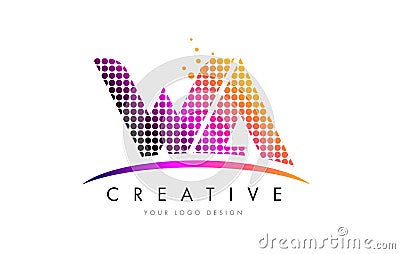 WA W A Letter Logo Design with Magenta Dots and Swoosh Vector Illustration