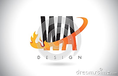 WA W A Letter Logo with Fire Flames Design and Orange Swoosh. Vector Illustration