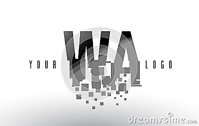 WA W A Pixel Letter Logo with Digital Shattered Black Squares Vector Illustration