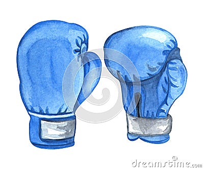 Watercolor illustration of pair blue boxing gloves isolated on white background. Hand drawn sketch Cartoon Illustration