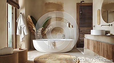 In the wabi-sabi bathroom interior, brown and white shades harmonize with solid oak and rattan furniture, creating an Stock Photo