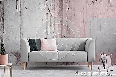 Wabi sabi living room with shabby grey and pink wall, copy space Stock Photo