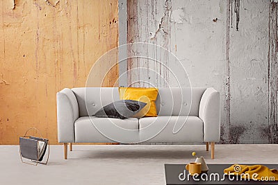 Wabi sabi living room with shabby wall and furniture and floor, real photo with copy space Stock Photo