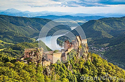 Wachau landscape with Danube river at sunset, Austria Stock Photo