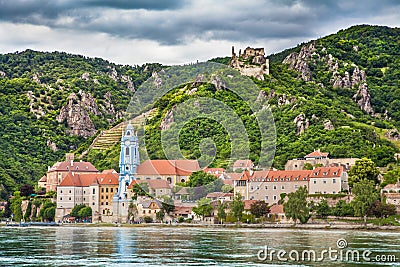 Wachau valley with town of DÃ¼rnstein and Danube river, Austria Stock Photo