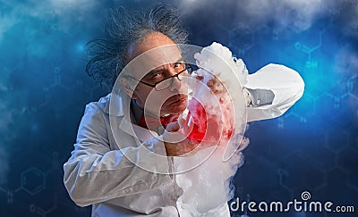 Wacky chemist with experiment Stock Photo