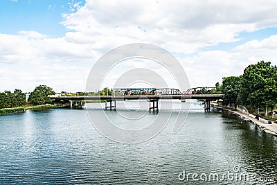 Waco`s Washington Ave Bridge over the Brazos River Stock Photo