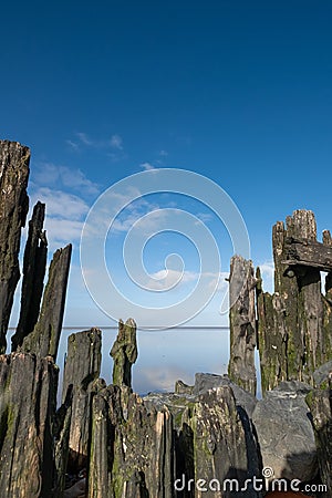 The wadden sea at paesens moddergat, wooden poles, sea and sky Stock Photo