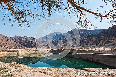 Wadi Beeh Dam in Jebel Jais mountain in Ras Al Khaimah emirate of UAE Stock Photo