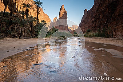 Rock and oasis scenes in Wadi Disah in Tabuk Region, Saudi Arabia Stock Photo