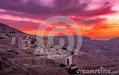 Sunset over Wadi Musa, city of Petra in Jordan Stock Photo