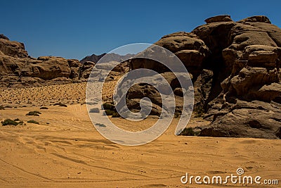 Jordan Wadi Rum landscapes, Desert Tourist Location Stock Photo