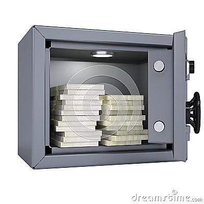 Wads of cash in an open metal safe Stock Photo