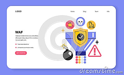 WAF Web Application Firewall web banner or landing page. Incoming Vector Illustration