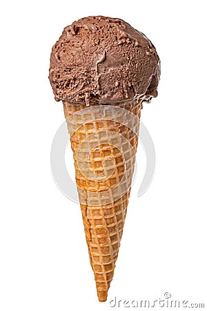 Wafer cup with melting chocolate scoop of ice cream isolated on Stock Photo