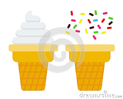 Wafer cup with whirlpool of whipped cream and wafer cup with pastry dots flat isolated Vector Illustration