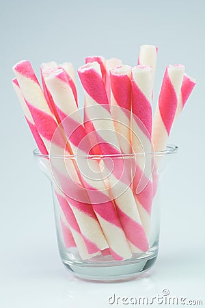 Wafer rolls strawberry pink striped Stock Photo