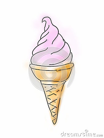 Waffle cone with scoop pink strawberry or raspberry ice cream. Sketch style illustration Cartoon Illustration