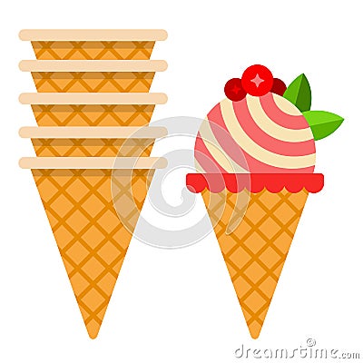 Waffle cone tower and striped ice cream ball with cranberry flat isolated Vector Illustration