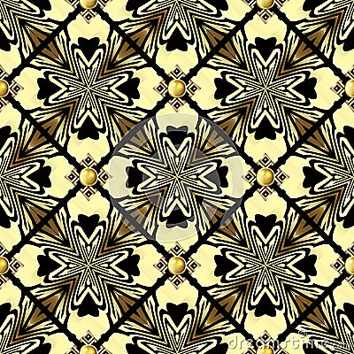 Waffle 3d luxury floral vector seamless pattern. Ornate jewelry gold background. Surface round golgen gemstones, buttons. Vector Illustration