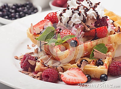 Waffle with fresh fruit and cream Stock Photo