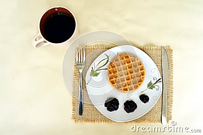 Waffle, Fruit Jam and Coffee Horizontal Version Stock Photo