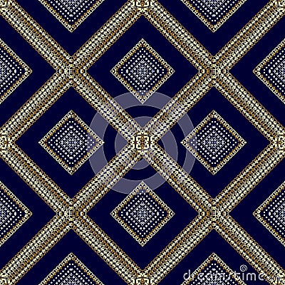 Waffle geometric 3d vector seamless pattern. Textured ornamental striped dark blue background. Surface gold ornament Vector Illustration