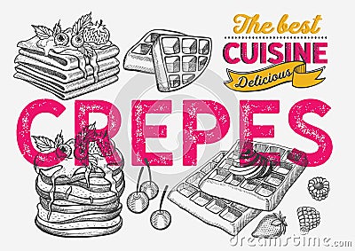 Waffle, pancake, crepe illustration for bakery. Vector Illustration