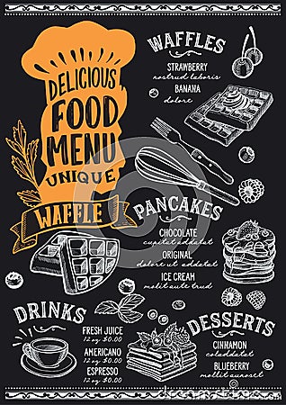 Waffle and pancake food menu template for restaurant Vector Illustration