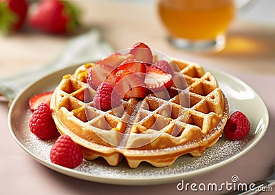 Waffle on plate with strawberry and raspberry on breakfast table.Macro.AI Generative Stock Photo