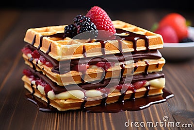 waffle sandwich filled with chocolate and fruits Stock Photo