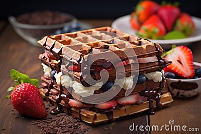 waffle sandwich filled with chocolate and fruits Stock Photo