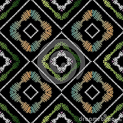 Waffle striped geometric embroidery seamless pattern. Textured tapestry ethnic style ornament with grunge embroidered Vector Illustration