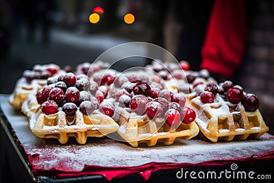 Waffles with cherries topping with sugary powder. Generate ai Stock Photo