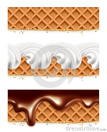 Waffles, chocolate, whipped cream, vector seamless horizontal patterns Vector Illustration