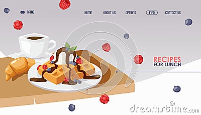 Waffles and coffee for breakfast, cafe website design, vector illustration. Landing page template for restaurant or food Vector Illustration