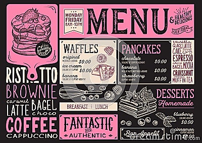 Waffles and crepes menu restaurant, food template. Vector Illustration